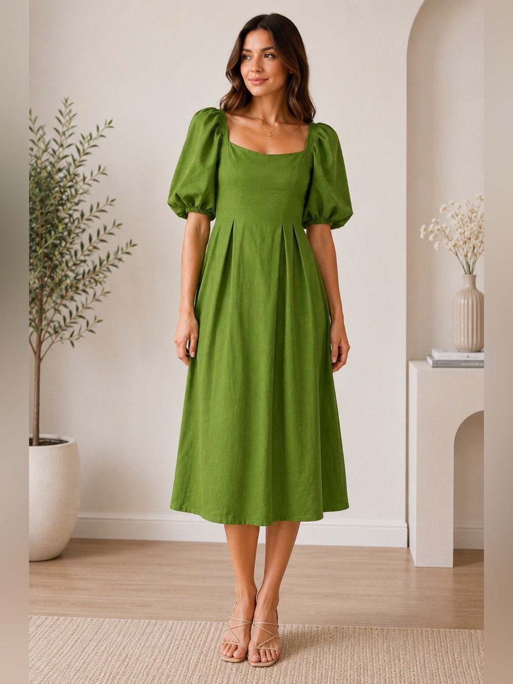 Aly Daly Olive Green Puff Sleeve Square Neck Maxi Dress Size M